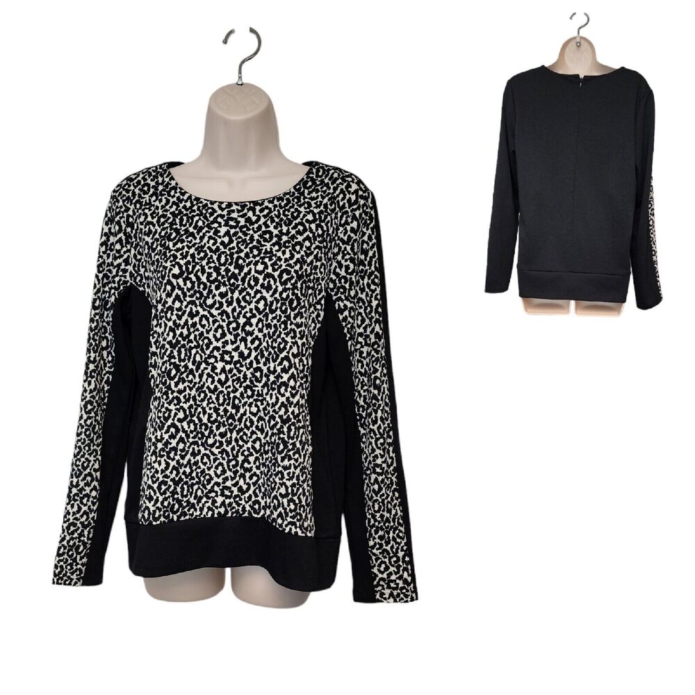 ANN TAYLOR Black & White Cheetah Animal Print Long Sleeve Stretch Sweater Size M